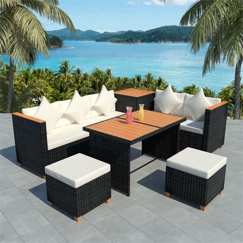vidaXL 7 Piece Poly Rattan Garden Dining Set with Cushions in Black
