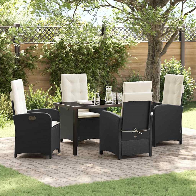 vidaXL 5 Piece Poly Rattan Garden Dining Set with Cushions in Black