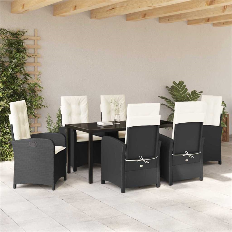 vidaXL 7 Piece Poly Rattan Garden Dining Set with Cushions in Black