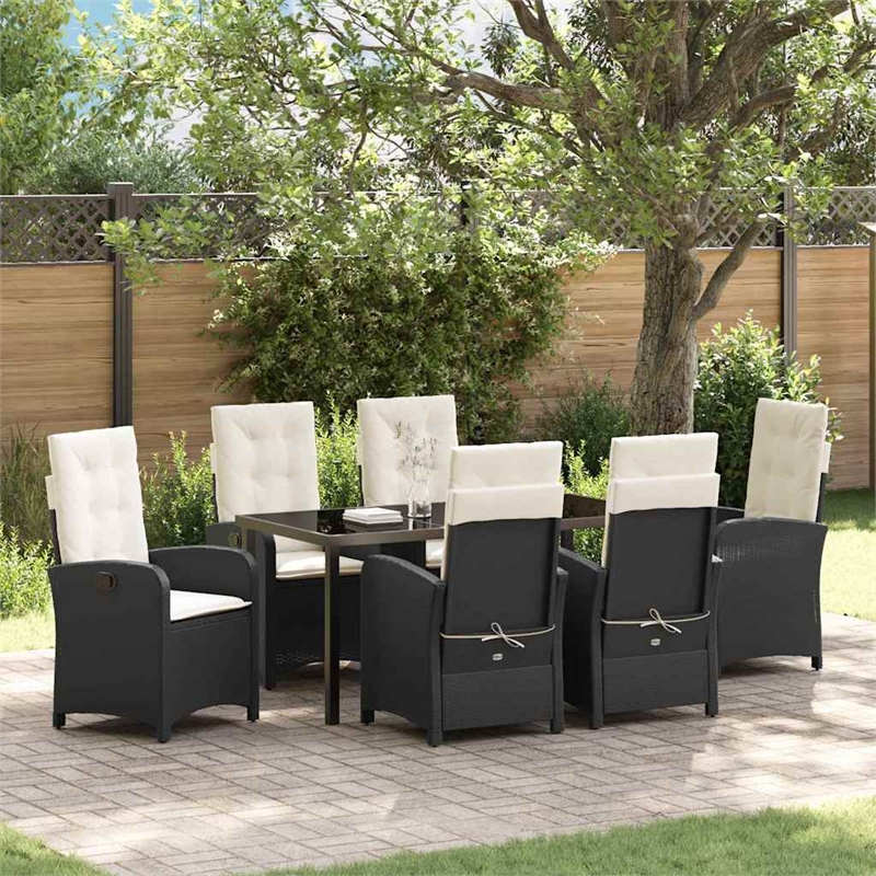 vidaXL 7 Piece Poly Rattan Garden Dining Set with Cushions in Black