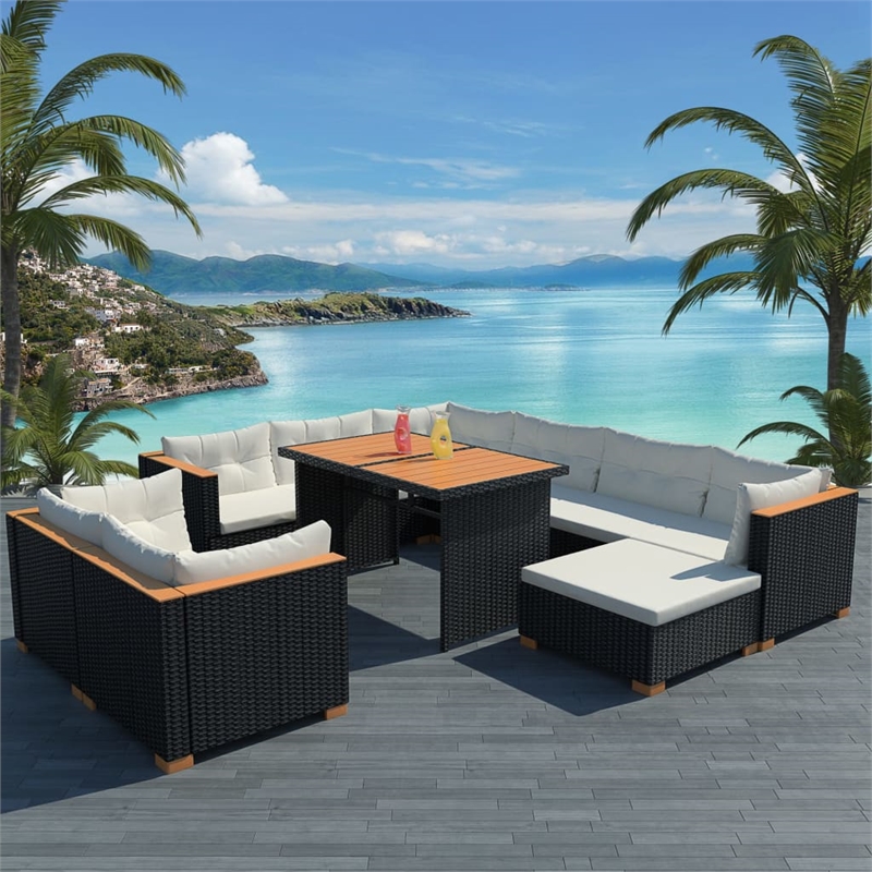 vidaXL 10 Piece Poly Rattan Garden Dining Set in Black and Brown