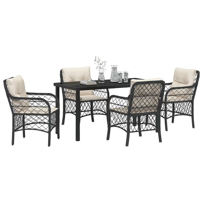 vidaXL 5 Piece Poly Rattan Garden Dining Set with Cushions in Black
