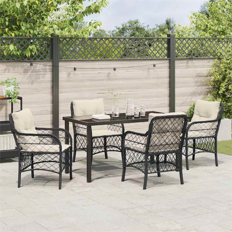 vidaXL 5 Piece Poly Rattan Garden Dining Set with Cushions in Black