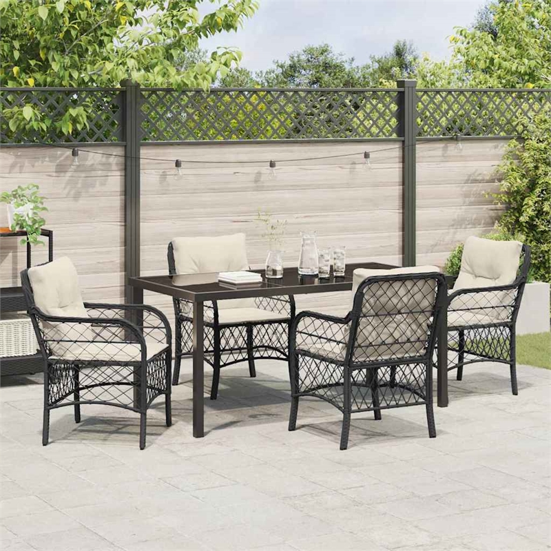vidaXL 5 Piece Poly Rattan Garden Dining Set with Cushions in Black