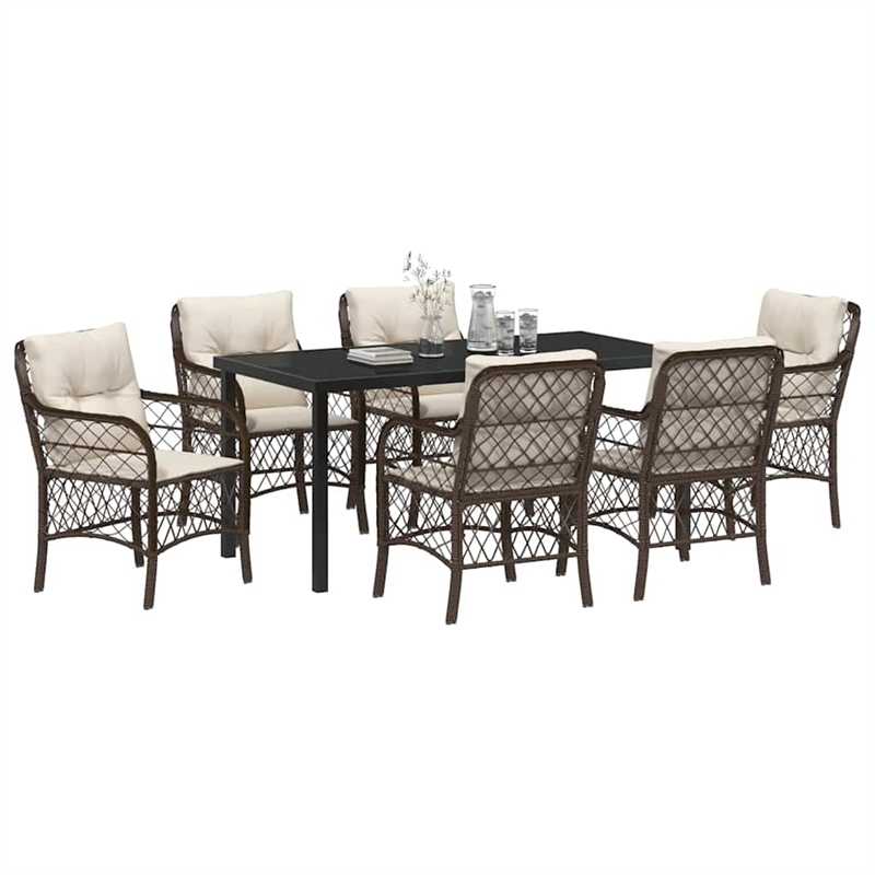 vidaXL 7 Piece Poly Rattan Garden Dining Set with Cushions in Black