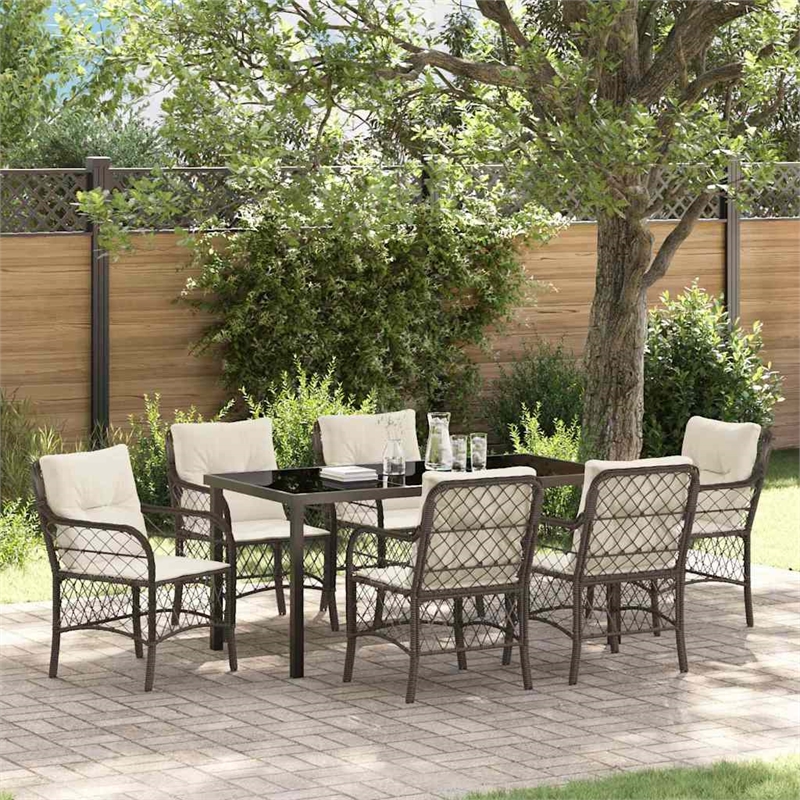 vidaXL 7 Piece Poly Rattan Garden Dining Set with Cushions in Black