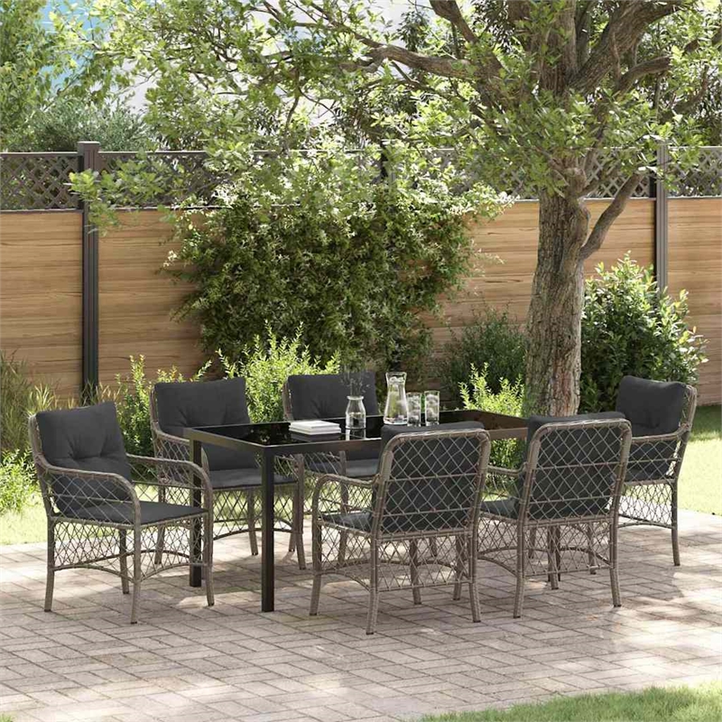 vidaXL 7 Piece Poly Rattan Garden Dining Set with Cushions in Black
