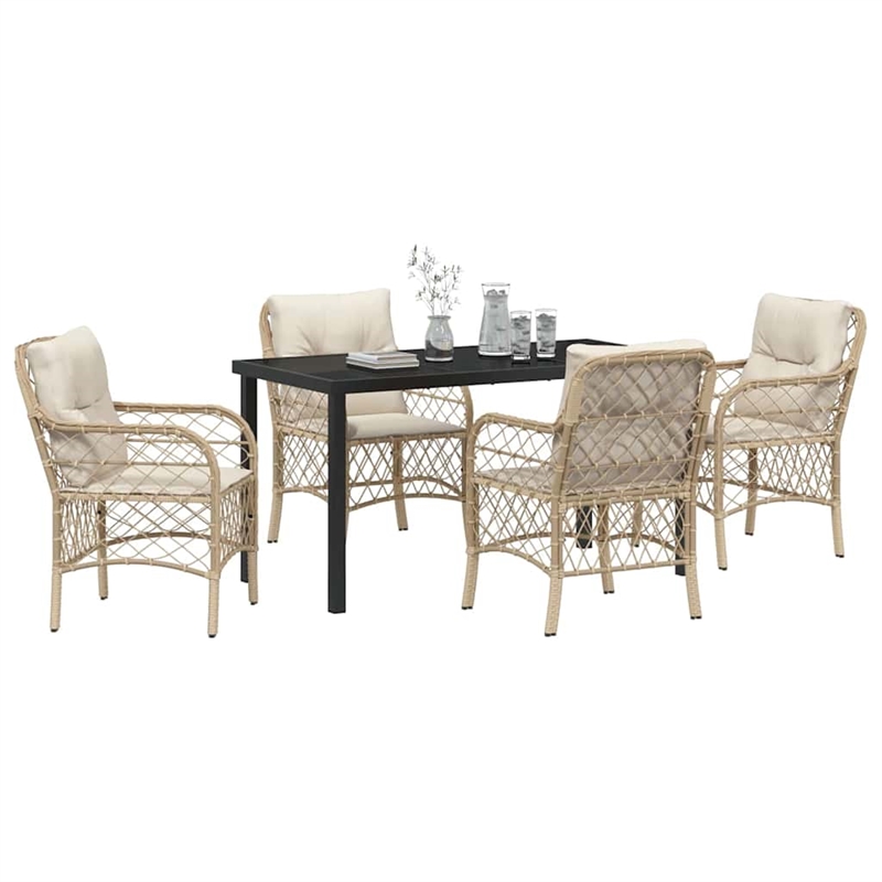 vidaXL 5 Piece Poly Rattan Garden Dining Set with Cushions in Black