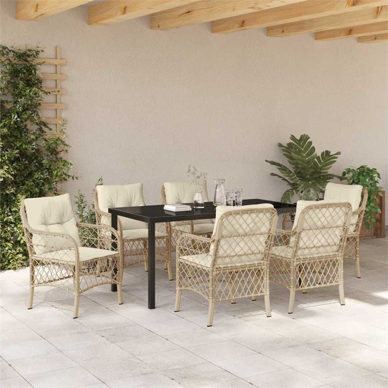 vidaXL 7 Piece Poly Rattan Garden Dining Set with Cushions in Black