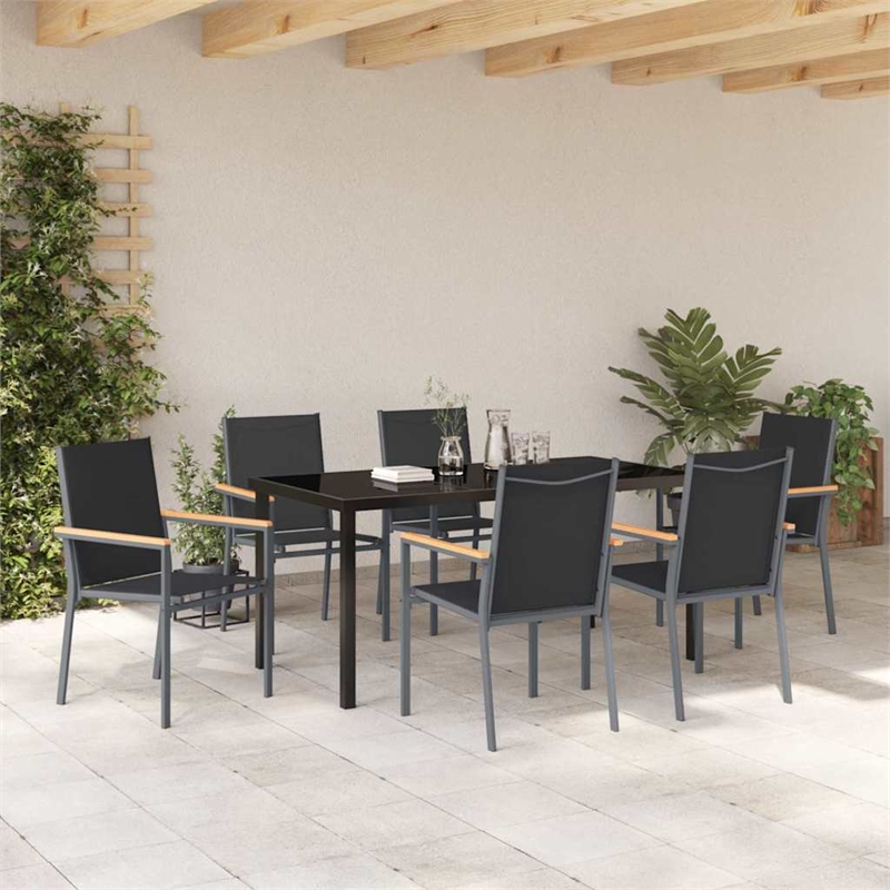 vidaXL 7 Piece Powder-Coated Steel Garden Dining Set in Black