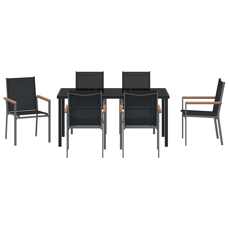 vidaXL 7 Piece Powder-Coated Steel Garden Dining Set in Black