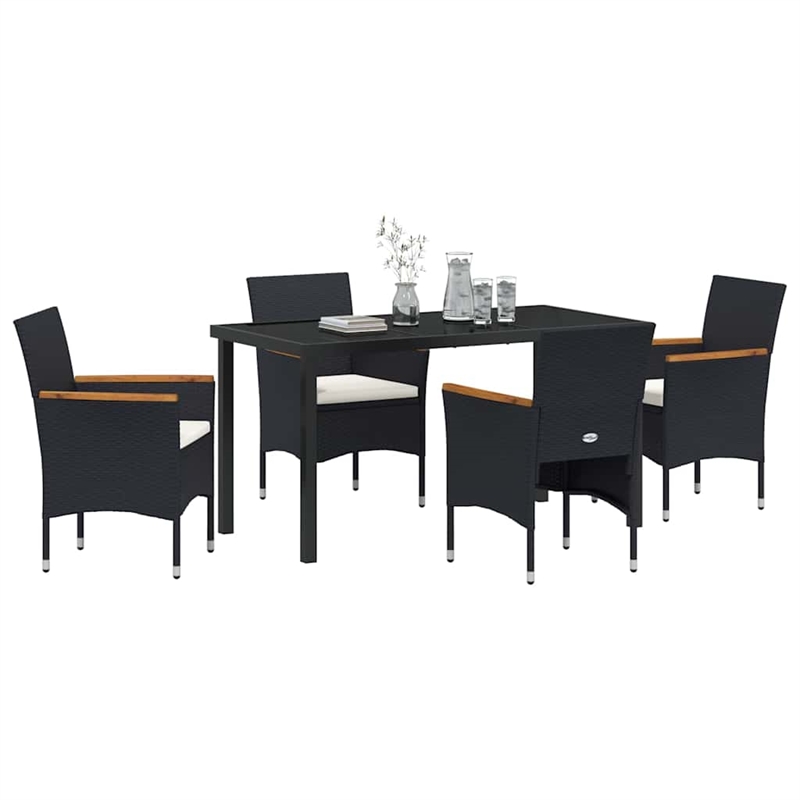 vidaXL 5 Piece Poly Rattan Garden Dining Set with Cushions in Black
