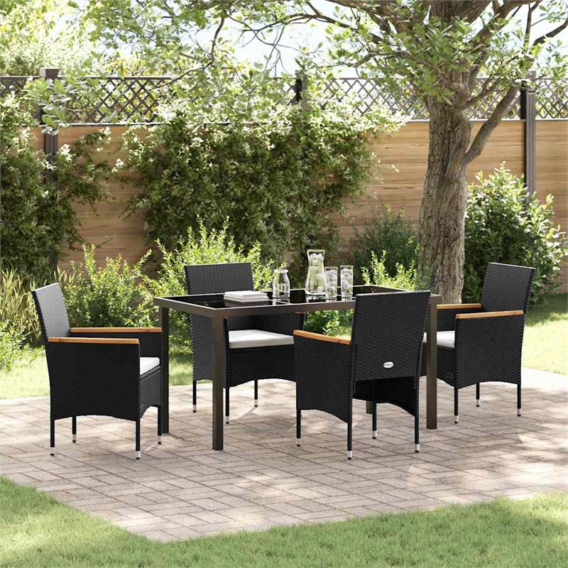 vidaXL 5 Piece Poly Rattan Garden Dining Set with Cushions in Black