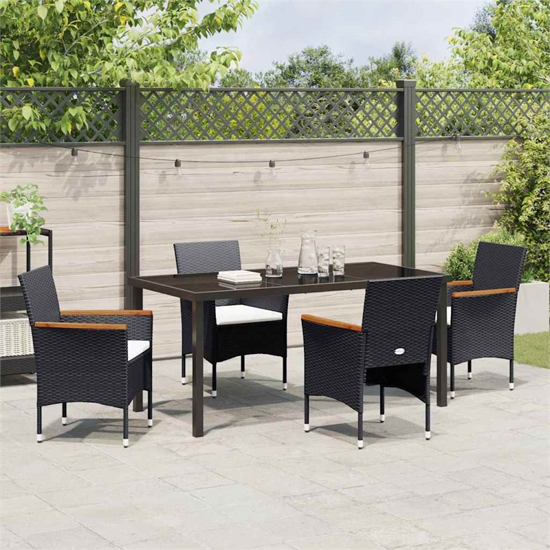 vidaXL 5 Piece Poly Rattan Garden Dining Set with Cushions in Black