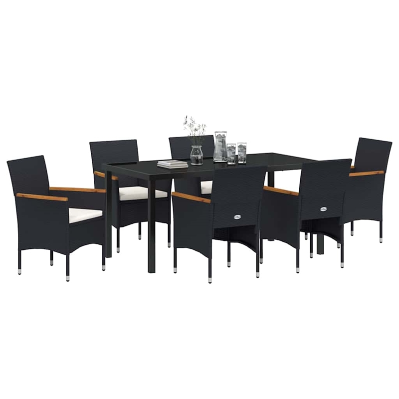 vidaXL 7 Piece Poly Rattan Garden Dining Set with Cushions in Black