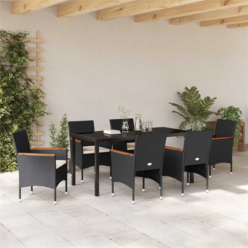 vidaXL 7 Piece Poly Rattan Garden Dining Set with Cushions in Black