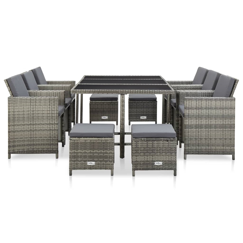 vidaXL 11 Piece Rattan Garden Dining Set with Cushions in Gray