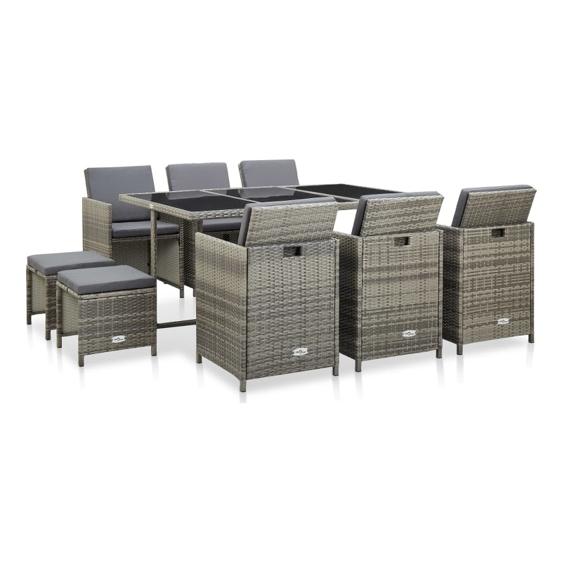 vidaXL 11 Piece Rattan Garden Dining Set with Cushions in Gray