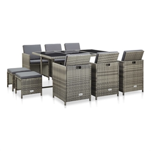 vidaXL 11 Piece Rattan Garden Dining Set with Cushions in Gray