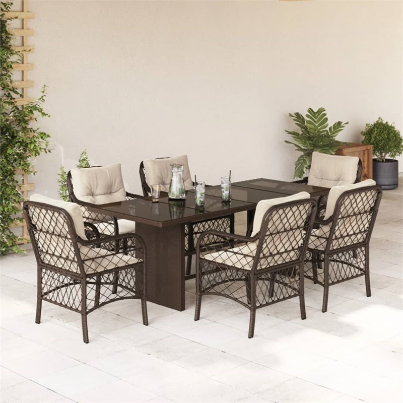 vidaXL 7 Piece Poly Rattan Garden Dining Set in Brown/Cream white