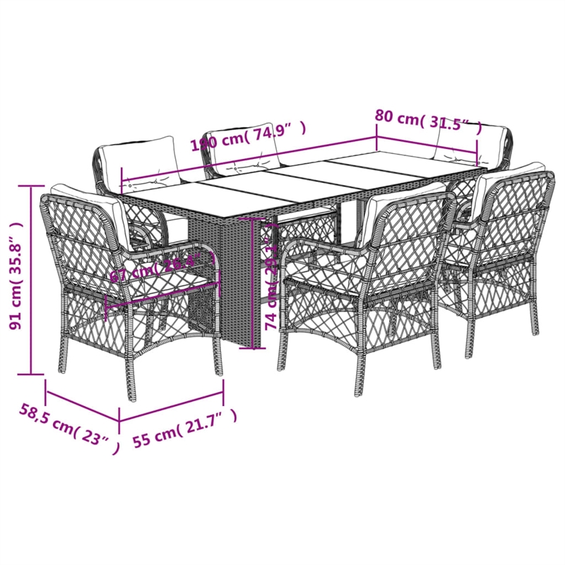 vidaXL 7 Piece Poly Rattan Garden Dining Set in Brown/Cream white