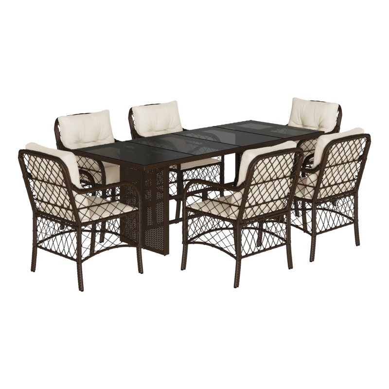 vidaXL 7 Piece Poly Rattan Garden Dining Set in Brown/Cream white