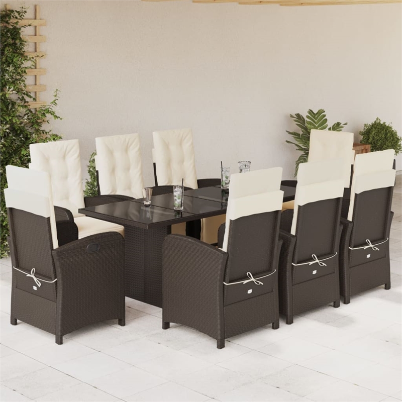 vidaXL 9 Piece Poly Rattan Garden Dining Set in Brown/Cream white