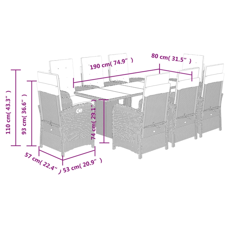 vidaXL 9 Piece Poly Rattan Garden Dining Set in Brown/Cream white