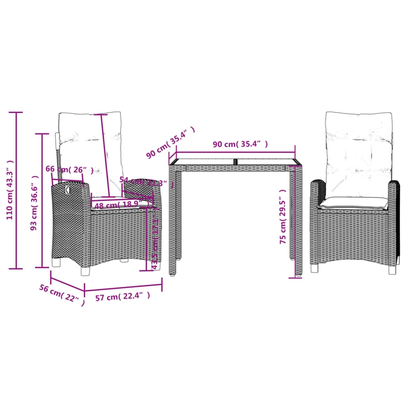 vidaXL 3 Piece Poly Rattan Garden Dining Set in Black/Cream White