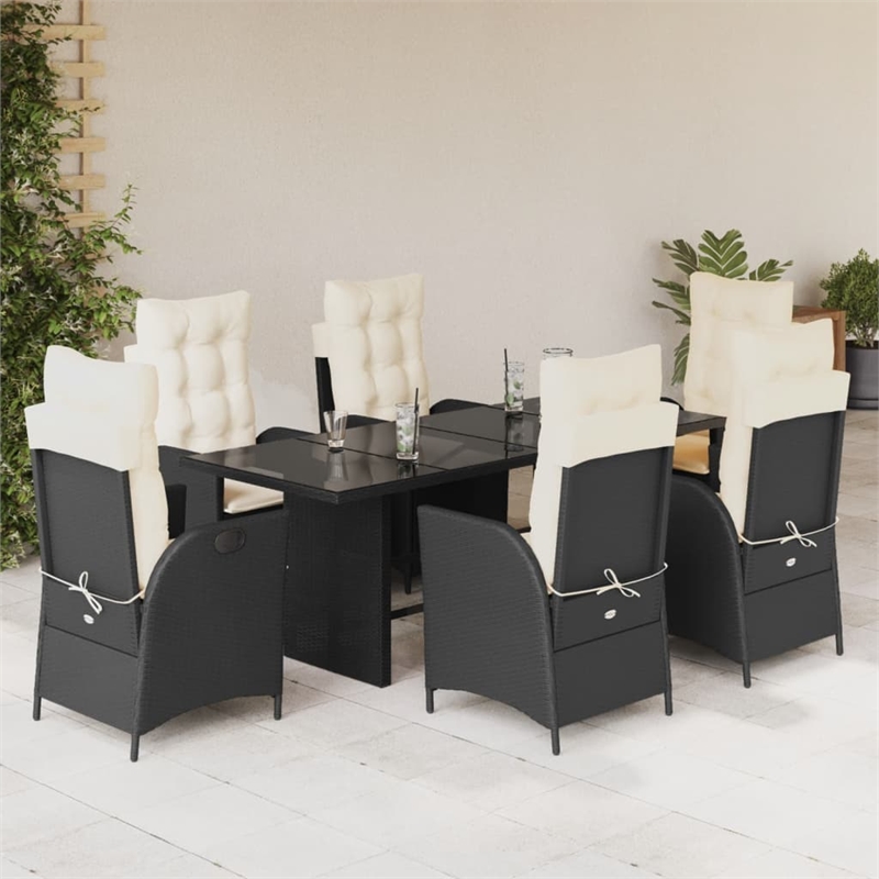 vidaXL 7 Piece Rattan Garden Dining Set in Black/Cream White