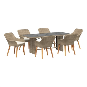 vidaXL 7 Piece Poly Rattan Garden Dining Set with Cushions in Beige