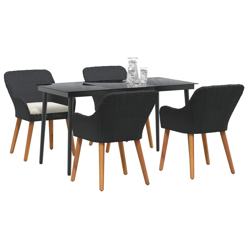 vidaXL 5 Piece Poly Rattan Garden Dining Set with Cushions in Black