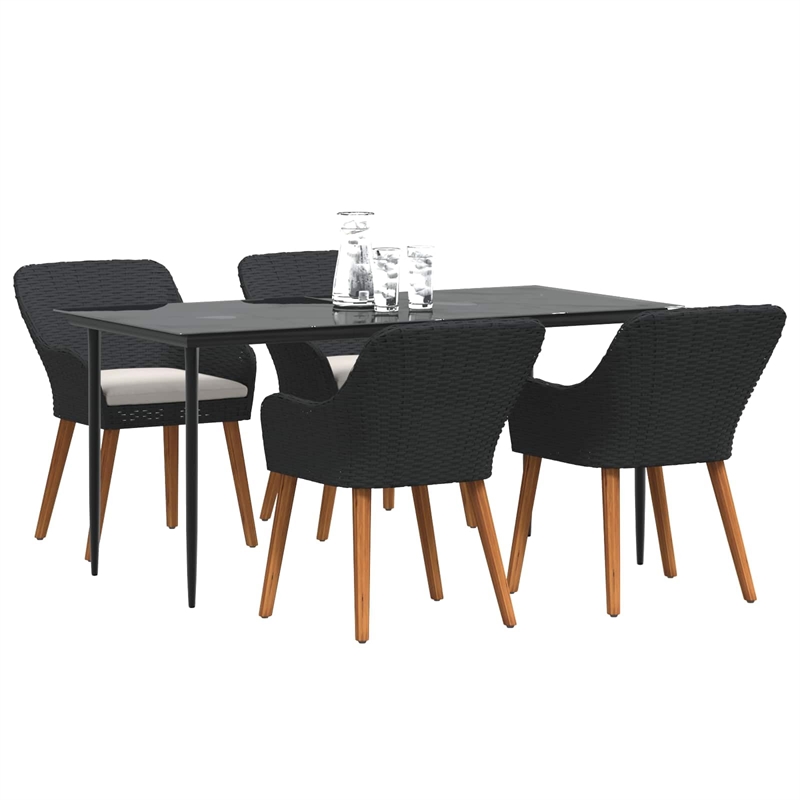 vidaXL 5 Piece Poly Rattan Garden Dining Set with Cushions in Black