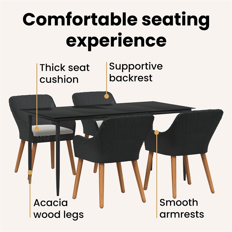 vidaXL 5 Piece Poly Rattan Garden Dining Set with Cushions in Black