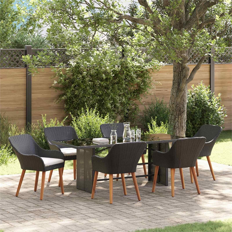vidaXL 7 Piece Poly Rattan Garden Dining Set with Cushions in Black
