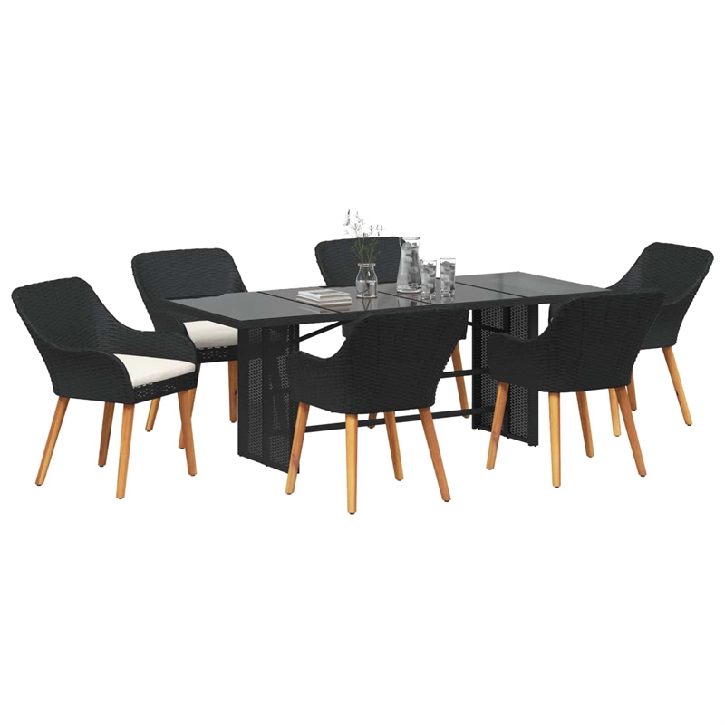 vidaXL 7 Piece Poly Rattan Garden Dining Set with Cushions in Black