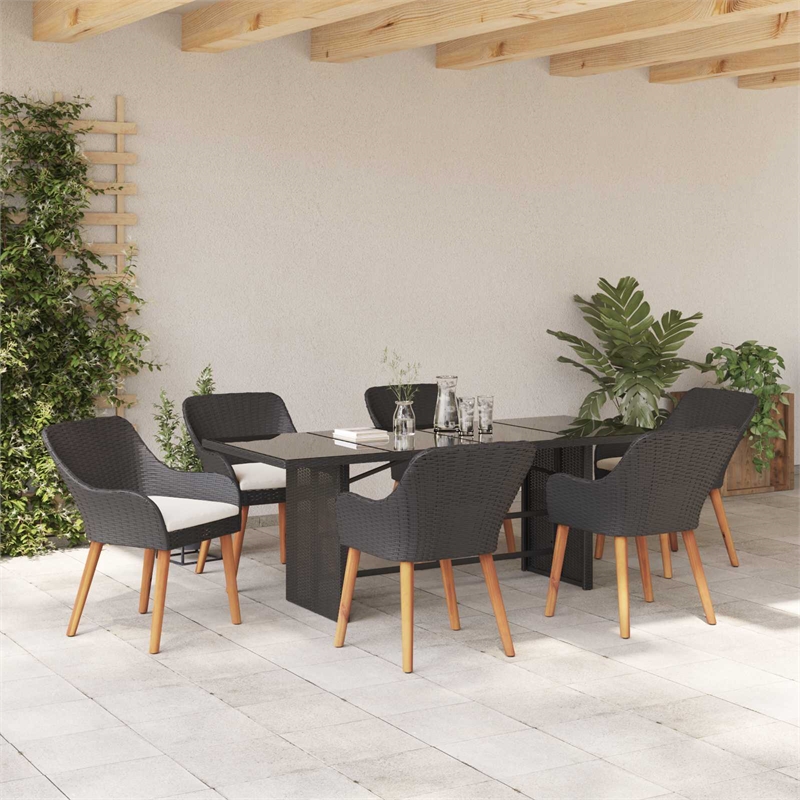 vidaXL 7 Piece Poly Rattan Garden Dining Set with Cushions in Black