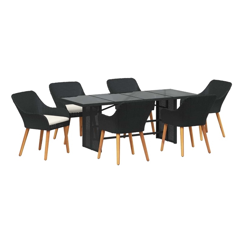 vidaXL 7 Piece Poly Rattan Garden Dining Set with Cushions in Black