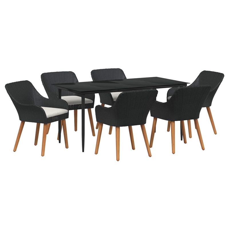 vidaXL 7 Piece Poly Rattan Garden Dining Set with Cushions in Black