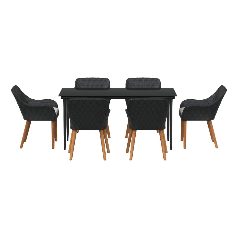 vidaXL 7 Piece Poly Rattan Garden Dining Set with Cushions in Black