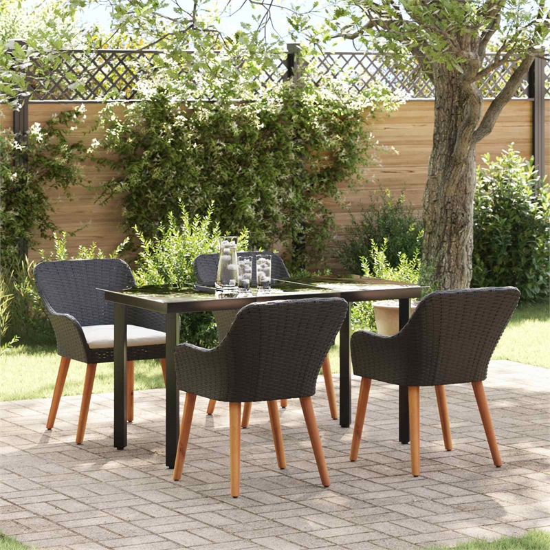 vidaXL 5 Piece Poly Rattan Garden Dining Set with Cushions in Black