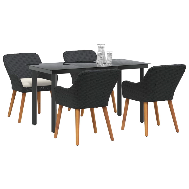vidaXL 5 Piece Poly Rattan Garden Dining Set with Cushions in Black