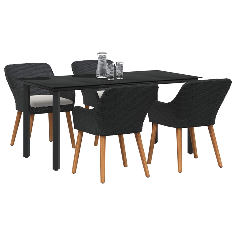 vidaXL 5 Piece Poly Rattan Garden Dining Set with Cushions in Black