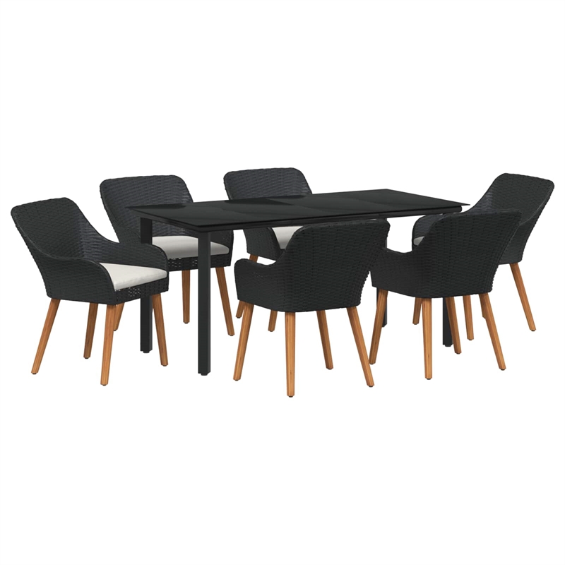 vidaXL 7 Piece Poly Rattan Garden Dining Set with Cushions in Black