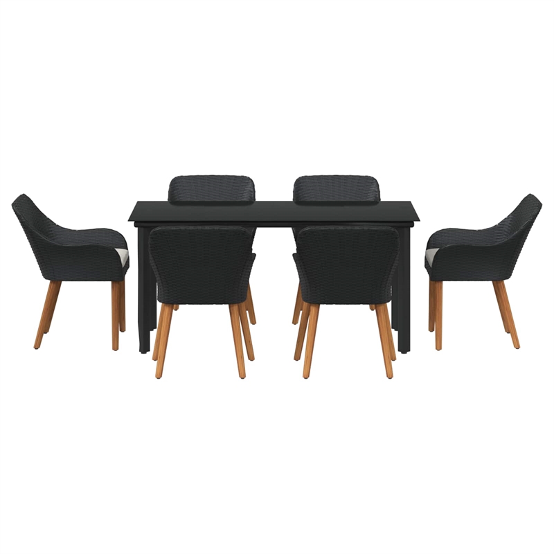 vidaXL 7 Piece Poly Rattan Garden Dining Set with Cushions in Black