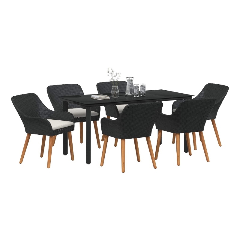 vidaXL 7 Piece Poly Rattan Garden Dining Set with Cushions in Black