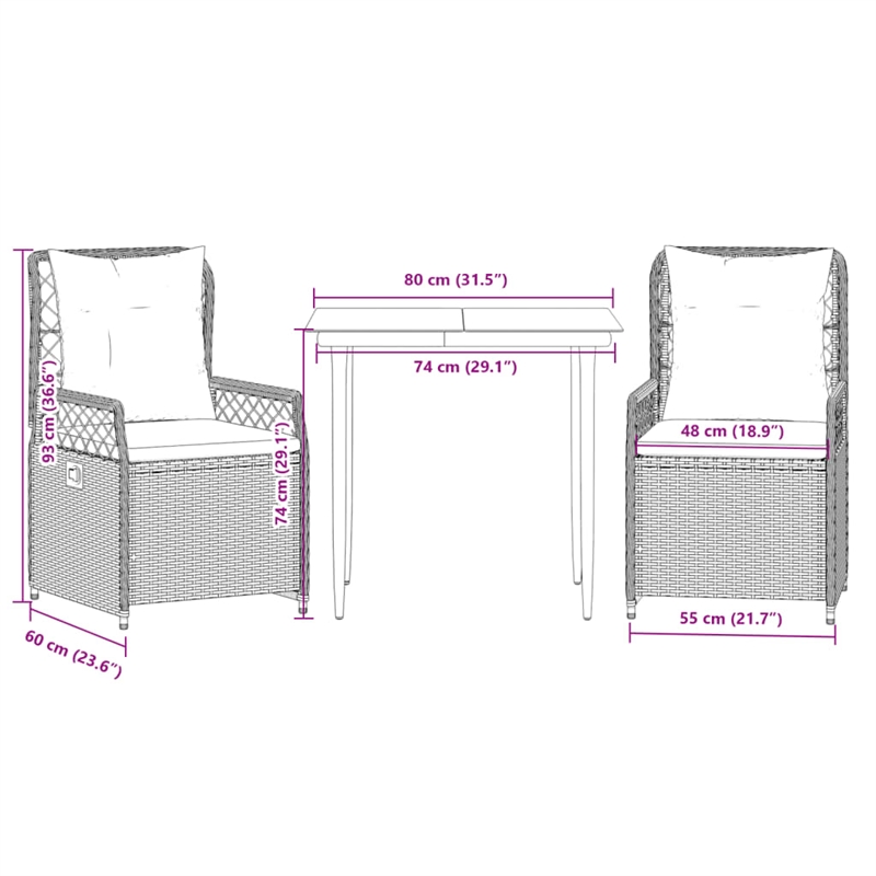 vidaXL 3 Piece Rattan Patio Dining Set in Black/Cream White