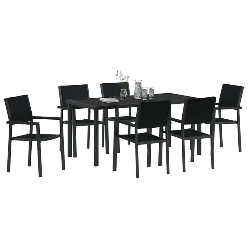 vidaXL 7 Piece Powder-Coated Steel Garden Dining Set in Black