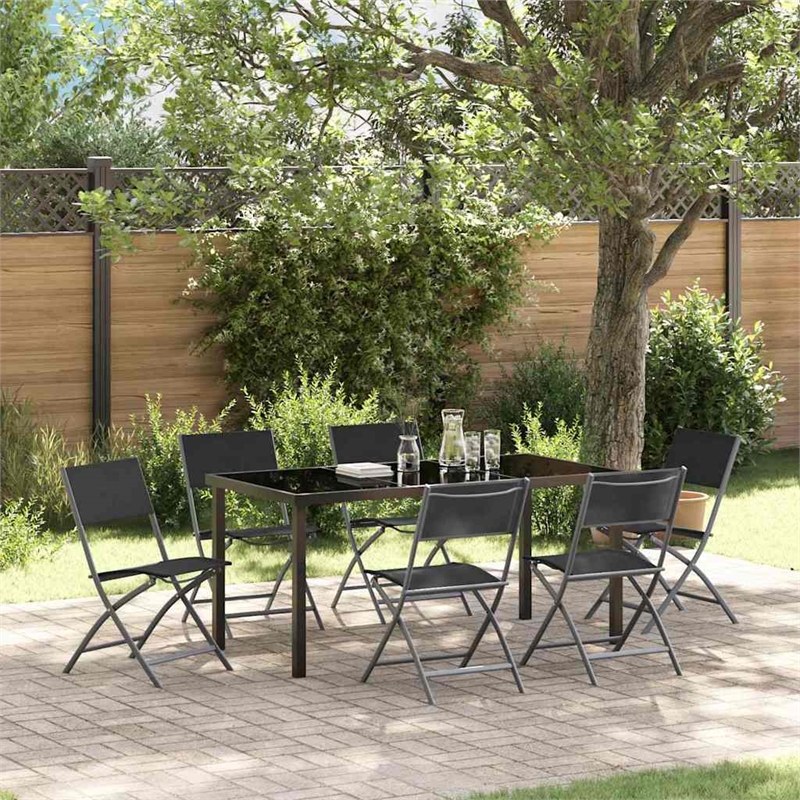 vidaXL 7 Piece Powder-Coated Steel Garden Dining Set in Black