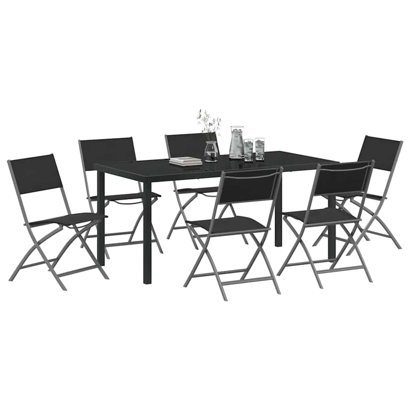 vidaXL 7 Piece Powder-Coated Steel Garden Dining Set in Black